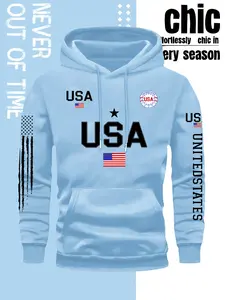 Men's Usa Print Hoodie Sweatshirt, Long Sleeve Pullover, Front Pocket, Fall & Winter Streetwear, Comfortable Casual Fashion