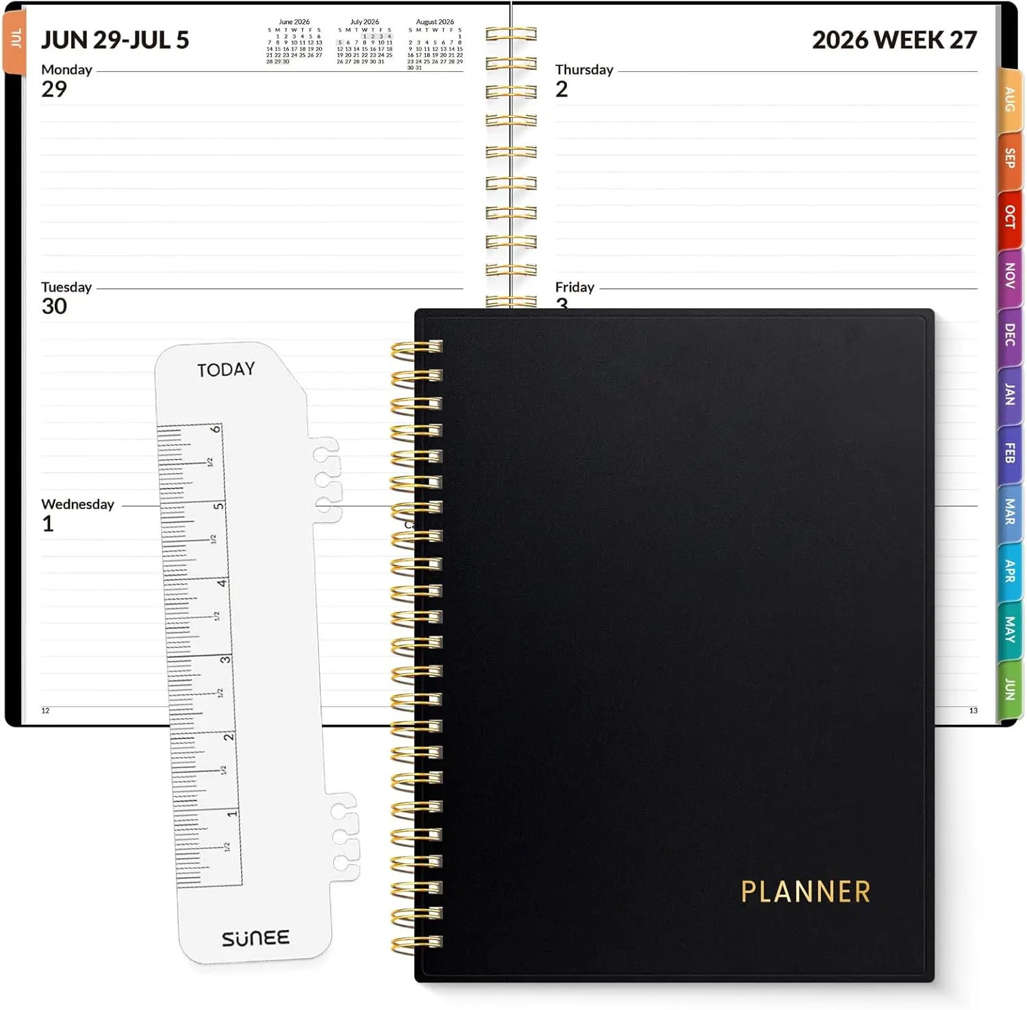 SUNEE Academic Planner 2026-2027 – Weekly & Monthly Planner, July 2026 to June 2027, 6.4"x8.3", Thick Paper, Tabs, Pockets, Bookmark, Spiral-Bound, Student Teacher Organizer, Black