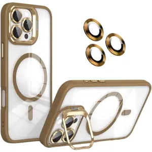 Shockproof Phone Case for iPhone 16 iPhone 17, Compatible with MagSafe – Crystal Clear Acrylic Back, Glass Camera Lens Protector & Foldable Kickstand, Anti-Drop TPU Bumper Protective Cover Casing