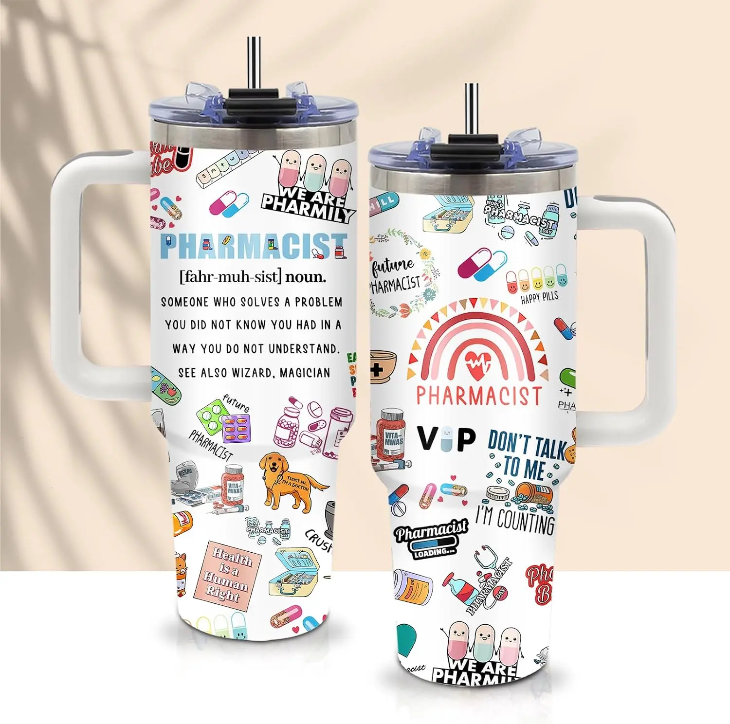 40oz Pharmacist Themed Insulated Tumbler With Handle, Pharmacy Staff Gift Travel Mug, Appreciation & Retirement Drinkware For Female & Male Pharmacists