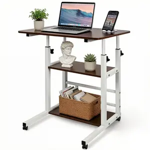 Portable Rolling Desk on Wheels – Adjustable Height Computer Desk with 2 Storage Shelves, Mobile Laptop Table for Home Office, Small Spaces, Study & Writing Desk
