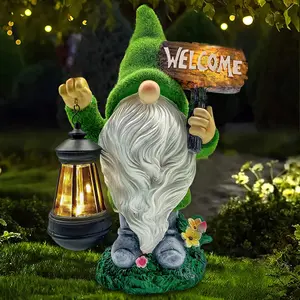 Garden Gnome Statue Outdoor Decor Large Flocked Resin Gnome Figurine with Solar Light Holding Lantern Welcome Sign Garden Yard Decorations Dwarf Sculpture for Outside Patio Porch Lawn Decor, Halloween Decorations for Home Outdoor Christmas