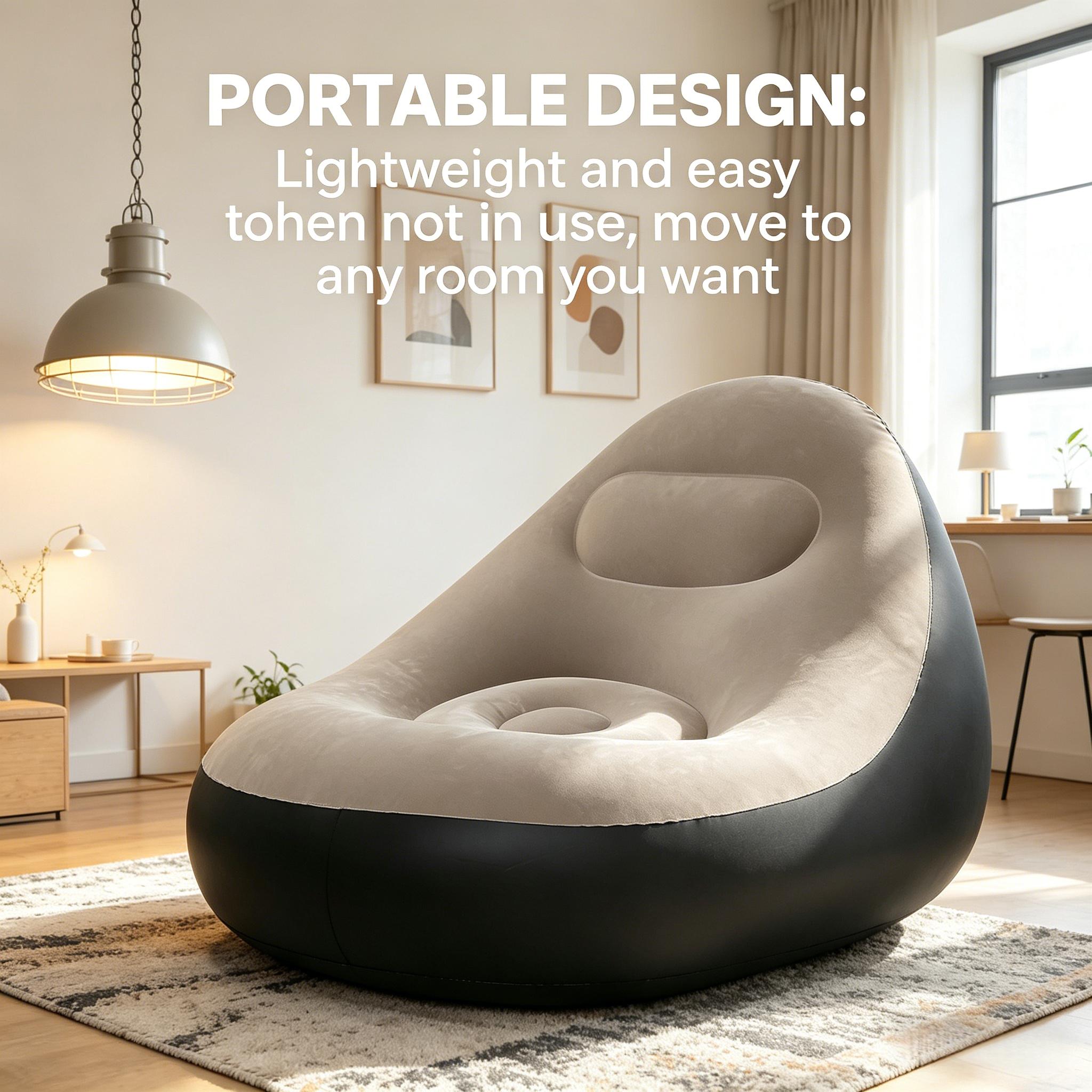 1pc Portable Brown Inflatable Lounge Chair with Footrest, Flocked Soft Surface, Foldable Single Recliner Sofa for Home Bedroom Balcony Living Room Camping Outdoor Leisure