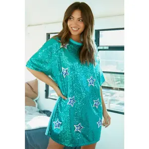 Celestial Star Print Sequin Mini Dress in Turquoise