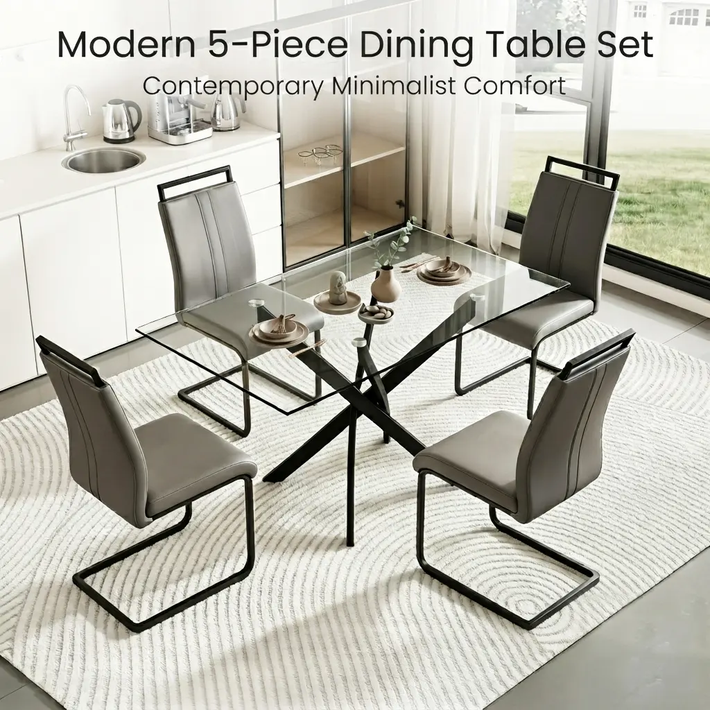 Modern 5-Piece Dining Table Set, 47" Glass Table + 4 PU Leather Chairs with Black Legs, Space-Saving Furniture for Dining Room/Kitchen, Black/Gray easy clean breakfast nook small home