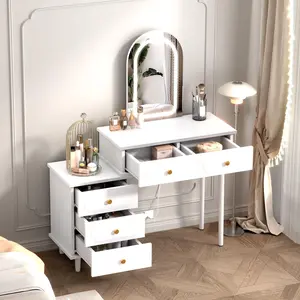 Garvee Lighted Mirror Makeup Vanity Desk (White), Modern Wood Dressing Table with 2 Drawers & Adjustable 3-Drawer Cabinet