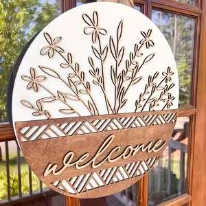 Retro 3D Flower Design Front Door Welcome Board, Wood Carving Home Decorative Plaque, Multi-Functional Door Listing, Suitable For Engagement And Wedding, No Electricity Required