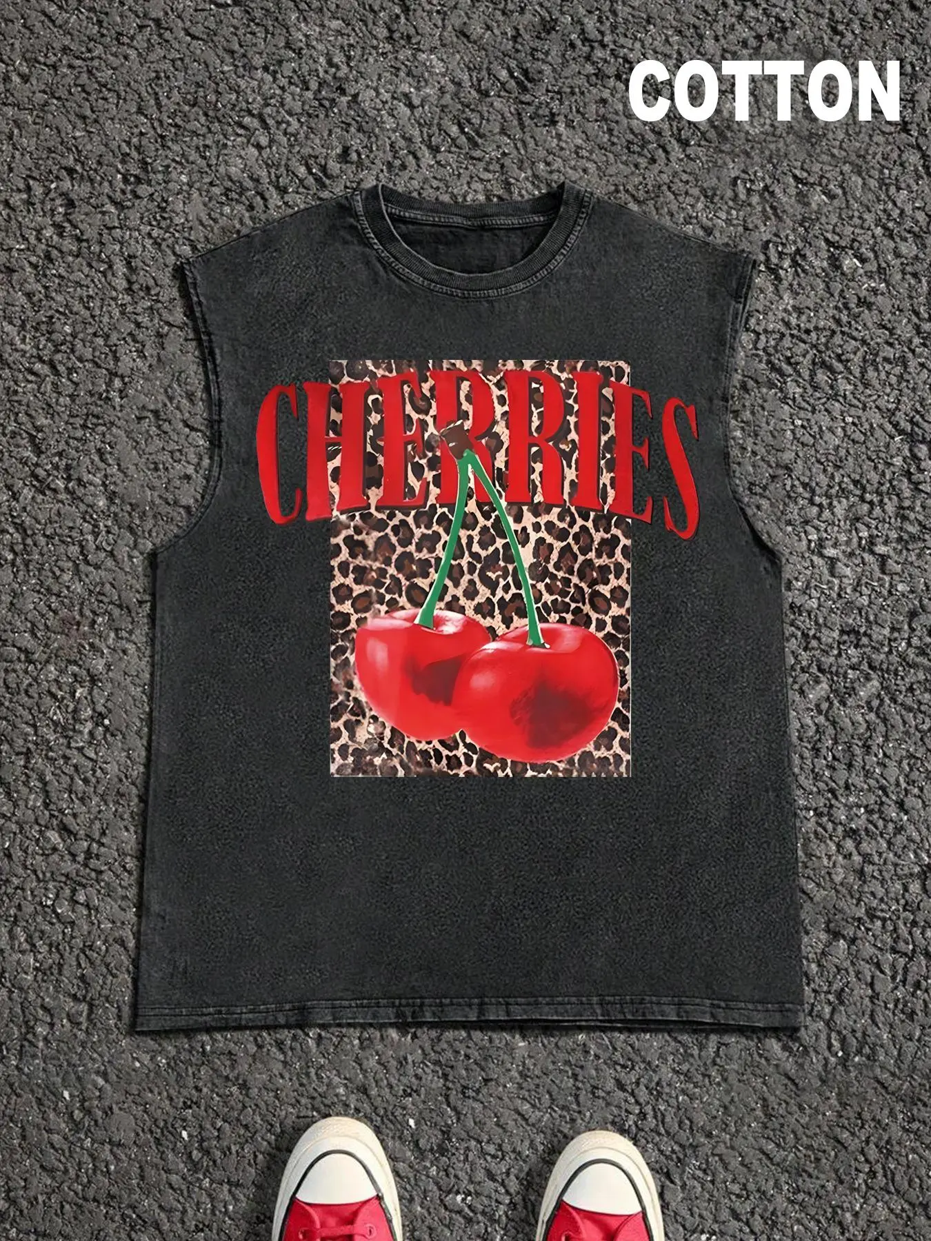 Men's Cotton Cherries & Letter Print Sleeveless Tank Top, Regular Fit Casual Retro Vintage Leopard Printed Vest Top for Daily Wear, Men's Clothes for Summer, Menswear, Cotton Sleeveless Shirt, Socks