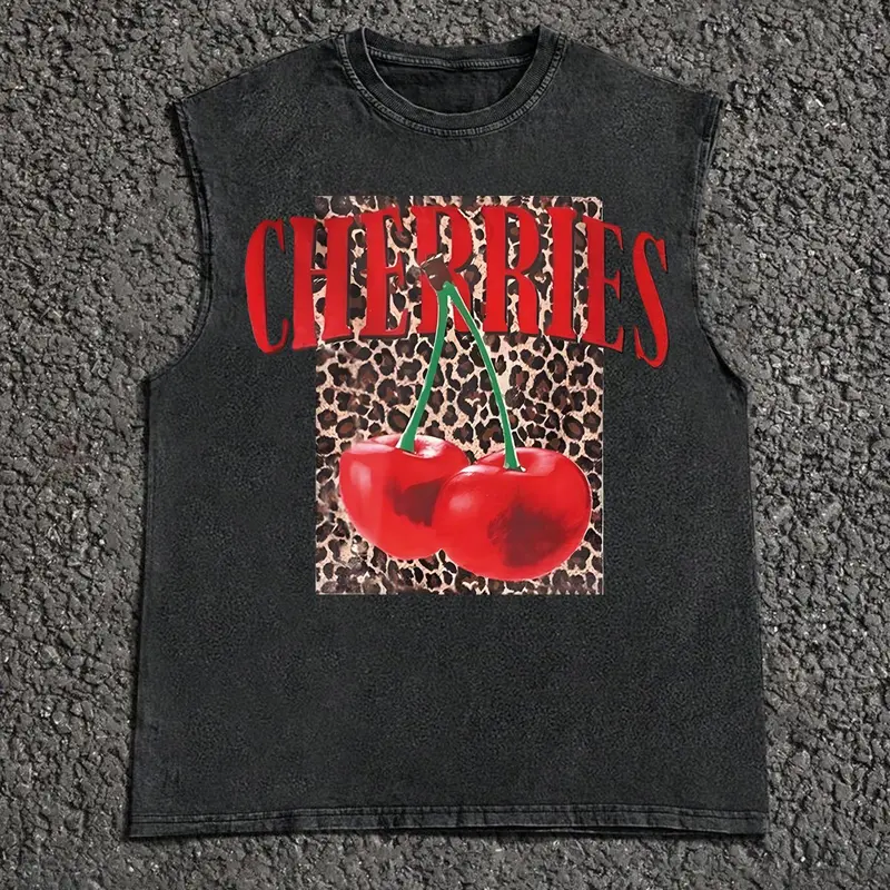Men's Cotton Cherries & Letter Print Sleeveless Tank Top, Breathable Sleeveless Design, Regular Fit Casual Retro Vintage Leopard Printed Vest Top for Daily Wear, Men's Clothes for Summer, Menswear, Cotton Sleeveless Shirt, Socks