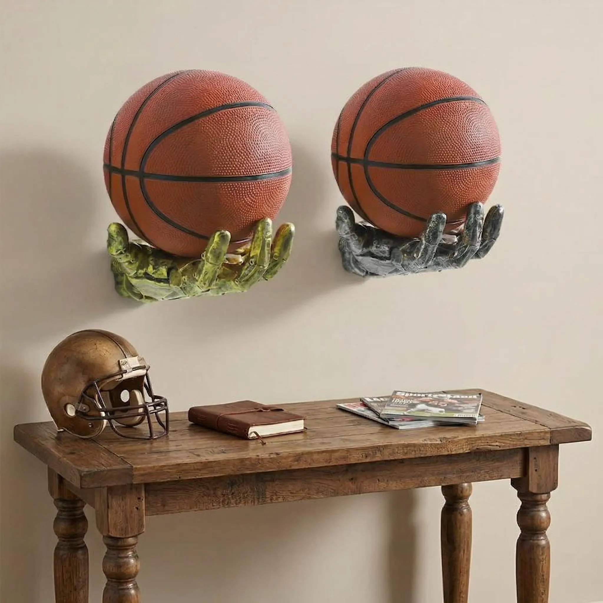 Antique Gold & Silver 1-Layer Durable Resin Hand-Shaped Wall-Mounted Basketball Display Organiser - Home Storage Rack, Room Decor, House Decor, Unique Gift for Basketball Enthusiasts (Men's Room Home Supply Art Piece)
