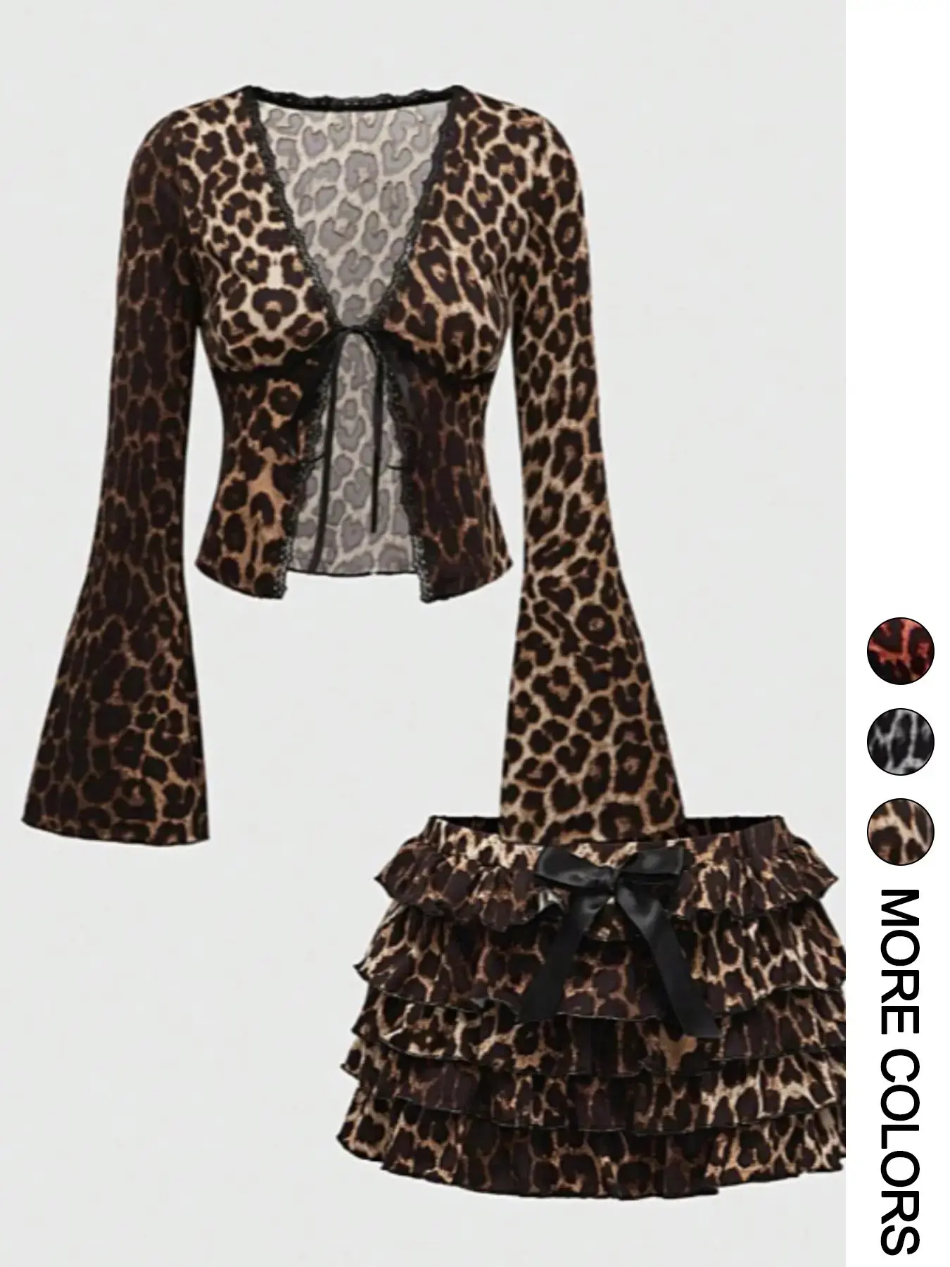 Women's Sexy Fitted Leopard Print Long Sleeve Crop Top with Front Tie, Pleated Leopard Print Mini Skirt 2 Piece Set, Knitted Fashion Set, Animal Print Set, Fashionable Chic Party Outfit Lady Womenswear Clothes