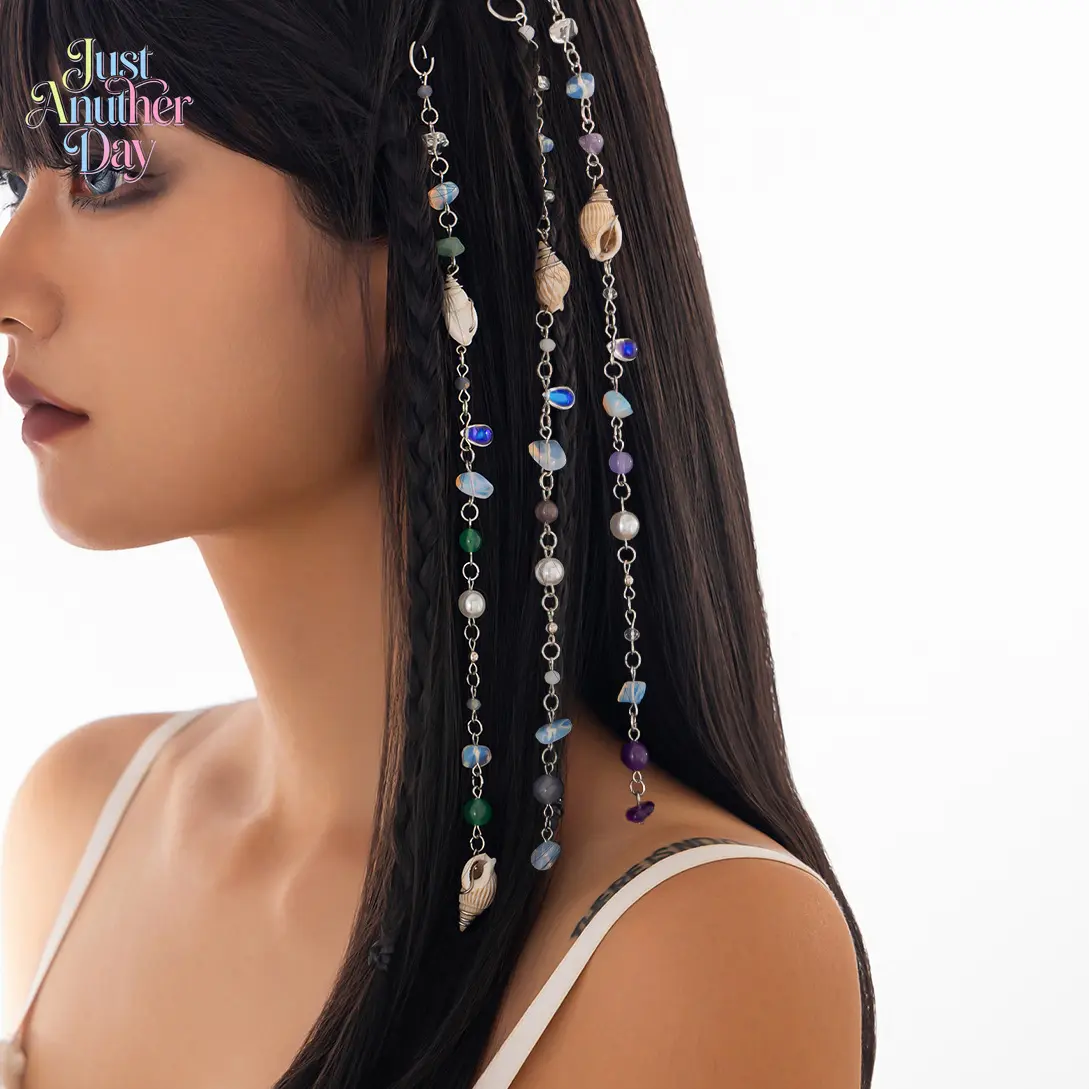 Whimsical Bohemian Beach Hair Chain - Shell, Natural Stone, Cowrie & Crystal Charms, Irregular Tassel Hair Accessory for Vacation, Sports & Outdoor Use