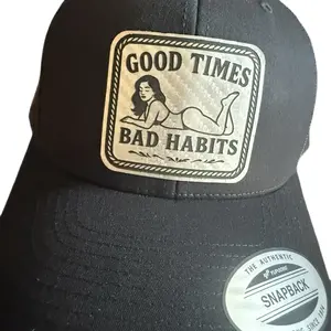 Yupoong Good Times Bad Habits Snapback Hat - Authentic Design Engraved Leatherette Patch Black Baseball Cap