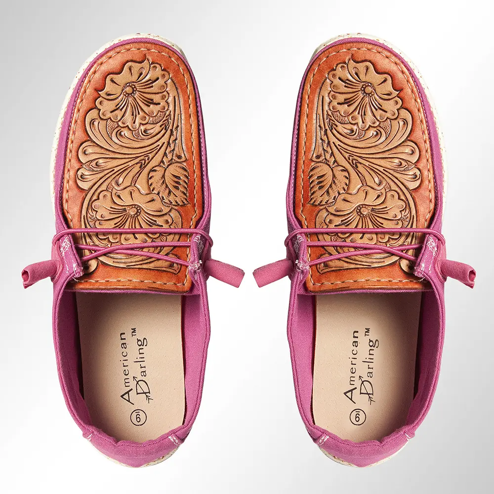 American Darling Hand tooled, carved genuine leather trim lightweight shoe footwear, slip on| Tooled Footwear