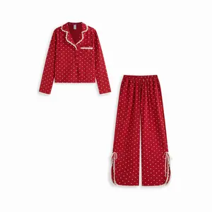 Cider Cotton-blend Polka Dot Lace Trim Top & High Rise Bowknot Wide Leg Trousers Loungewear Set