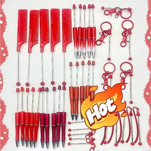 Red series beaded combination 5pcs beaded comb + 20pcs beaded pen + 5pc mini beaded keychain + 5pcs bookmark + 5pcs beaded keychain