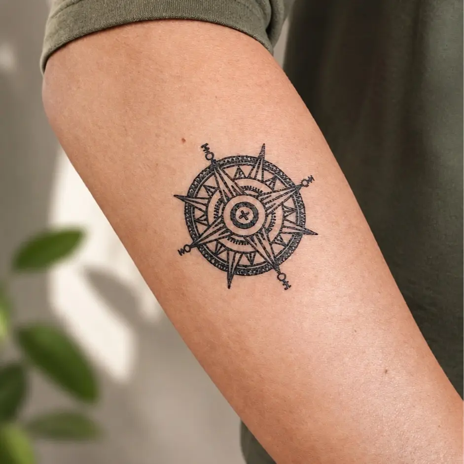 Compass Rose Tattoo | Realistic Fine Line Nautical Travel Temporary Ink (5.5cm x 5.5cm)