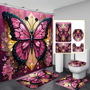 1PC/4PCS 2D Flat Printing Happy Spring Pink Purple Butterfly Flowers Patterned shower curtain, home bathroom decor, shower curtain set with 12 hooks, non-slip bathroom rug, U-shaped toilet seat cover, toilet seat mat.