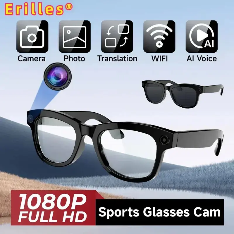 smart glasses with camera , 800W Anti-Shake Camera  with Video Recording Dual Mic, Simultaneous Interpretation/GPT Identify Objects, 270mAh Blue Light  smart  audio   blue light  gift man Smart Wireless Bluetooth Bluetooth Sports Glasses smart glasses fat