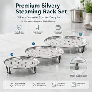 3-piece stainless steel steaming rack set, multiple sizes of steaming trays, with support legs, suitable for various cookware.