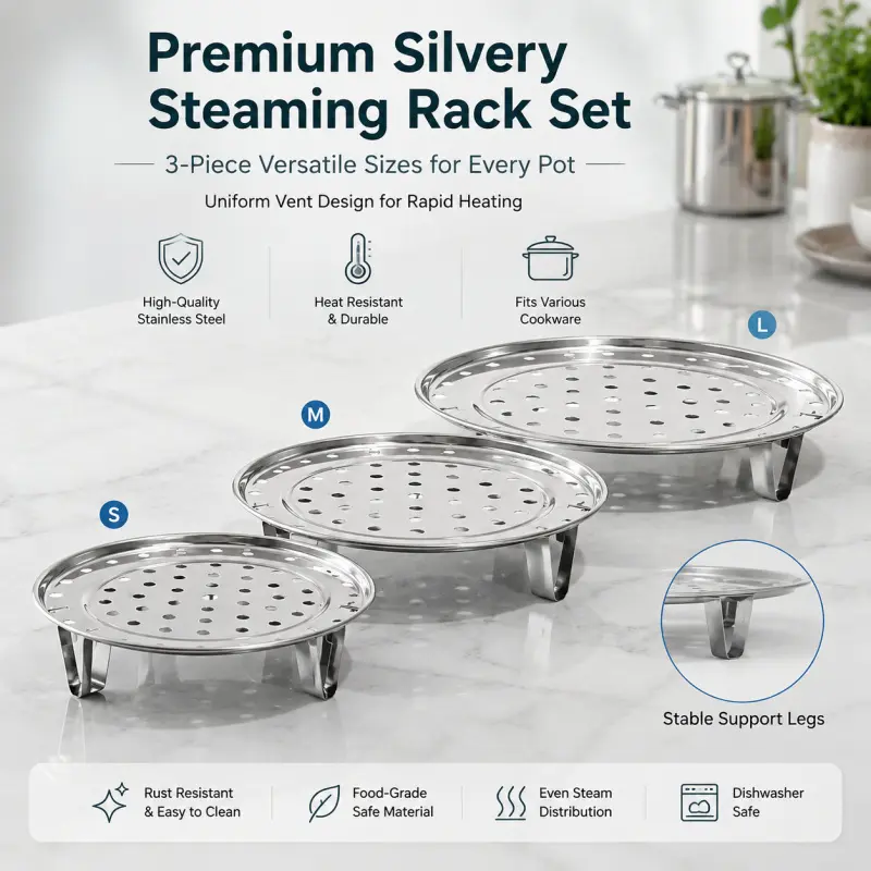3-piece stainless steel steaming rack set, multiple sizes of steaming trays, with support legs, suitable for various cookware, Modern Kitchen Accessories