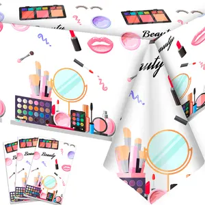 Makeup Party Tablecloth, 3 Pcs Makeup Theme Tablecloth Spa Party Table Cover for Spa Birthday Party Decorations, Spa Birthday Party Tablecloth for Makeup Spa Party Decorations Supplies (108'' x 54'')