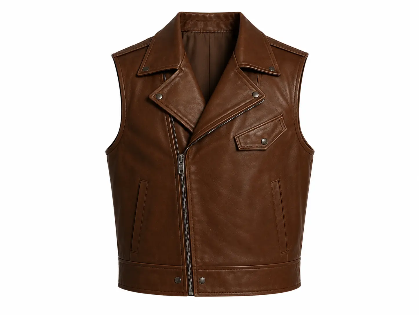 Men's Brown Genuine Leather Biker Vest - Handmade Sleeveless Motorcycle Jacket Vest
