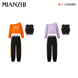 MIANZHI Girls' 3-Piece Cotton Casual Workout Set - Long-Sleeve Crop Top, Camisole, High-Waist Heart Print Sweatpants, Breathable Athletic Clothes for Summer,summerwins