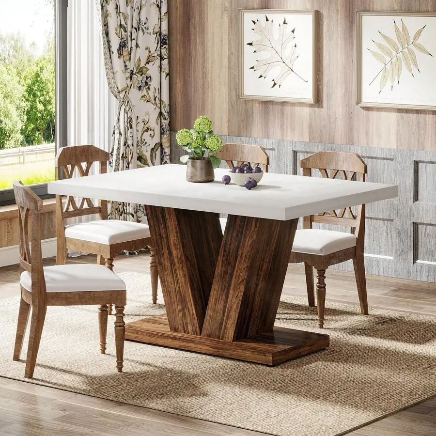 47-Inch White Rectangle Long-Durability  Table, Industrial Wooden Table with Heavy-Duty Pedestal for Kitchen, Breakfast Nooks, Home Rooms, Long-Durability  Tables