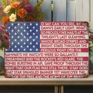 Patriotic American Flag Metal Tin Sign 8x12 Inch – "O Say Can You See" Vintage Wall Decor, Rustic USA National Anthem Quote Plaque for Home, Garage, Bar