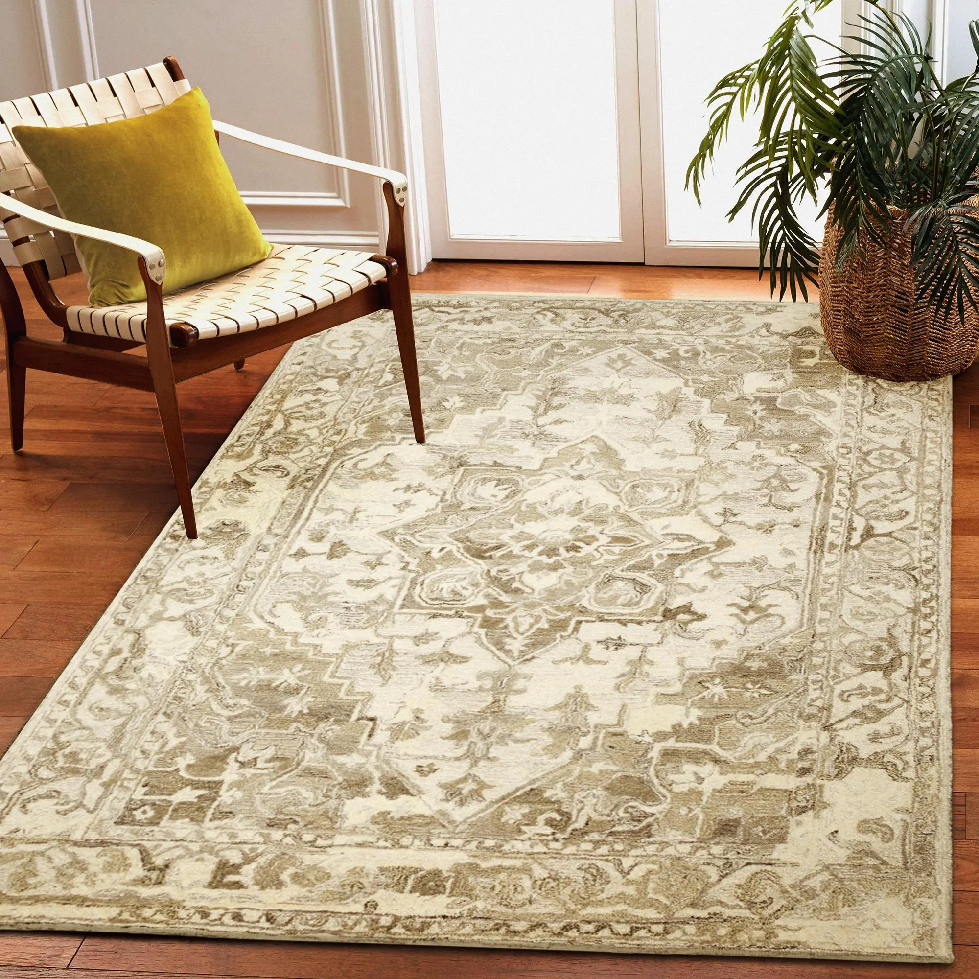 Lush Decor HANA Hand-Tufted Wool Plush Indoor Area Rug - Traditional Medallion Accent, Fluffy Shaggy, Furry Soft, Home Decor Mat (Heriz), Fluffy Shaggy Rugs
