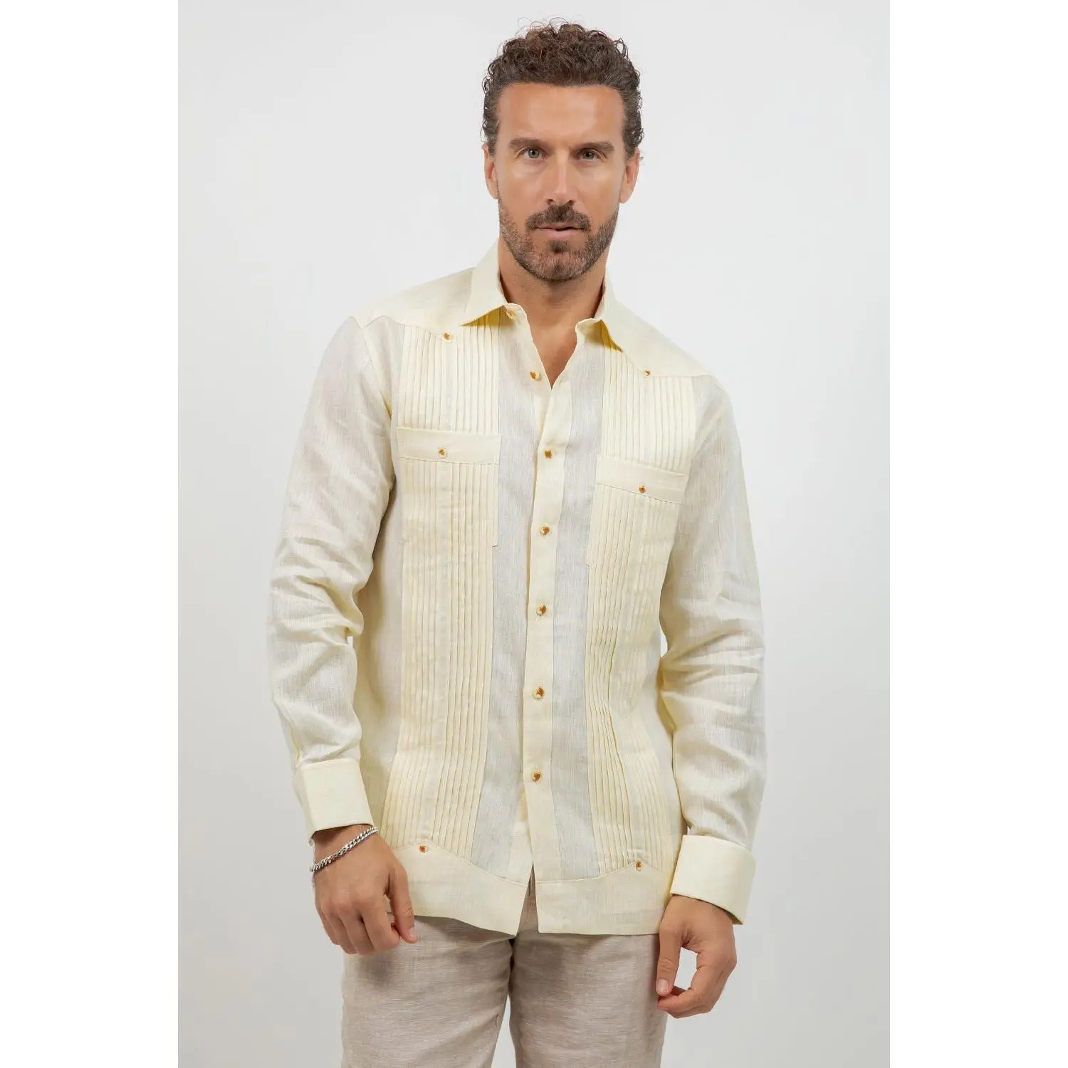 Linen Beach Wedding Guayabera Two Pocket Shirt Long Sleeve