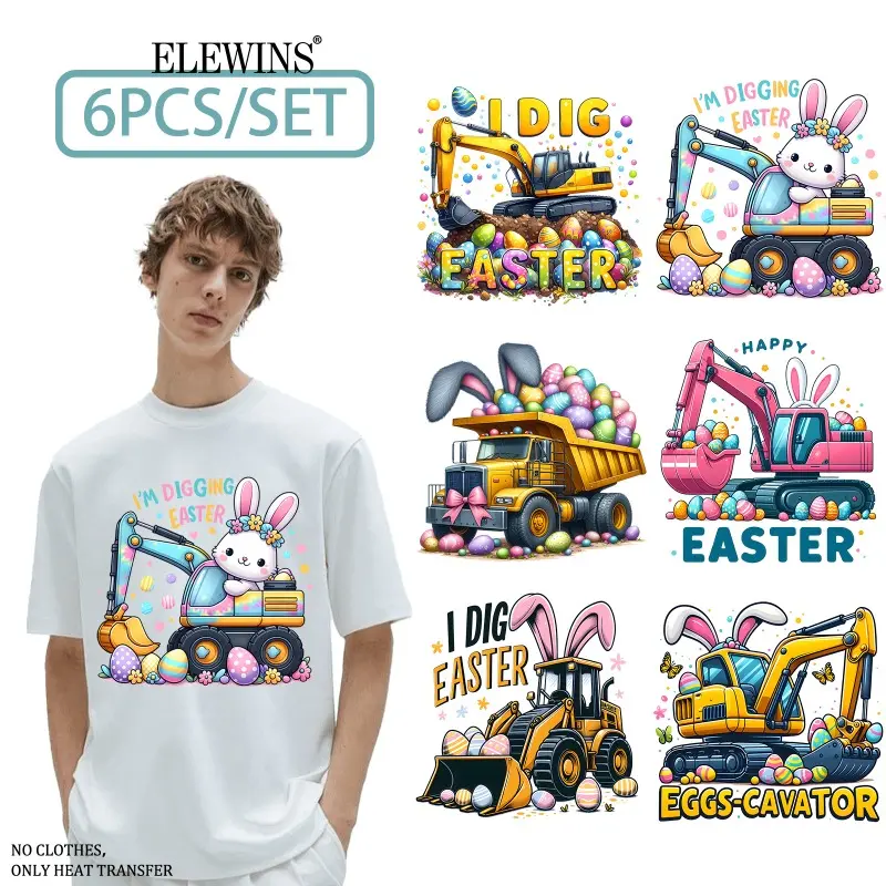 Easter Truck Dig DTF Transfer 6 Sheets Gold Foil Heat Transfer Vinyl for Tshirt Hoodie Jeans Backpack Pillow Reusable Washable Iron on Decal for Men Women Craft Supplies