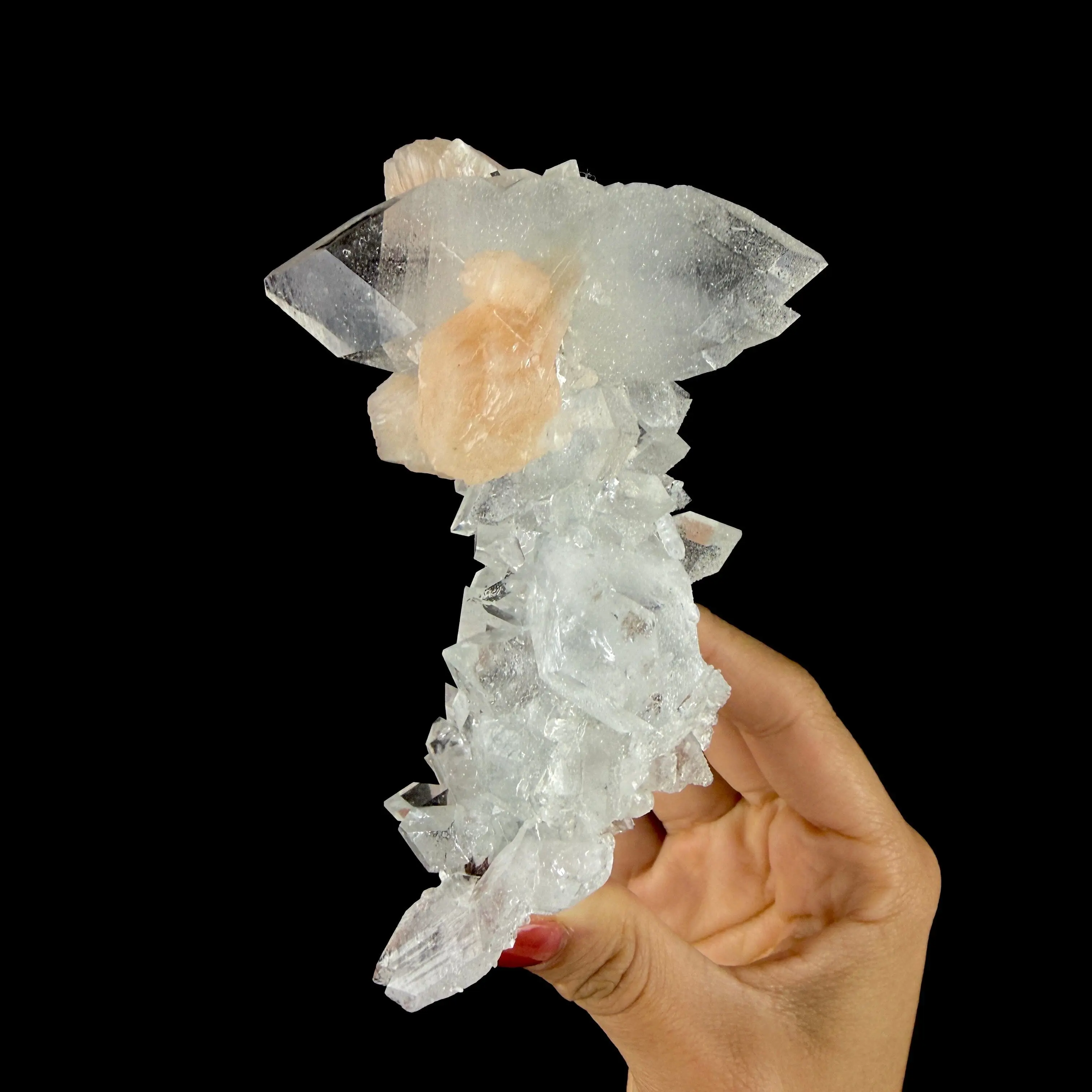 Clear Apophyllite Pyramid Cluster with Stilbite – Zeolite Mineral from Jalgaon,India  # DKT108