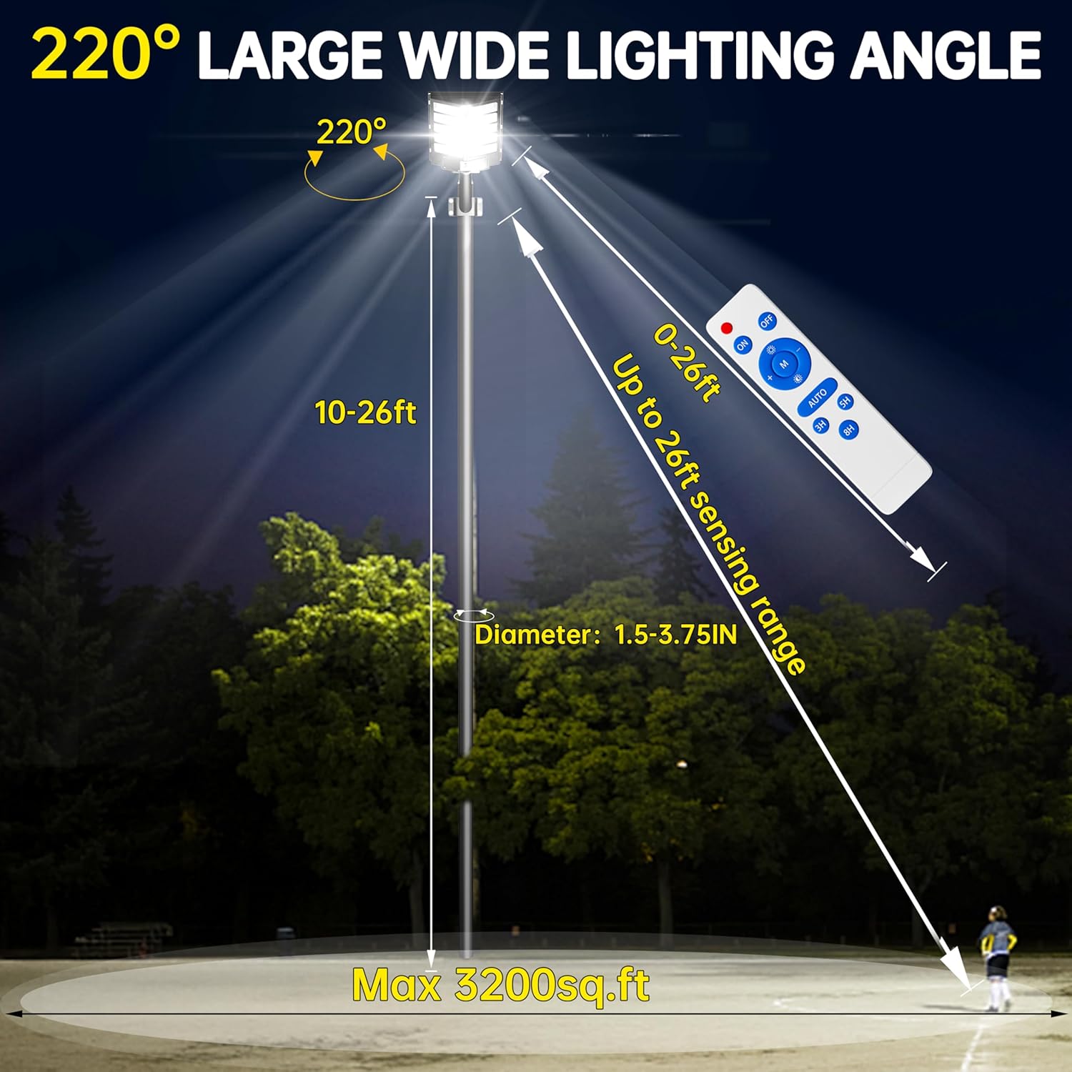 Solar Street Light Outdoor, 6500K LED Flood Light IP67 Waterproof, Dusk to Dawn for Parking Lot Yard Basketball Court