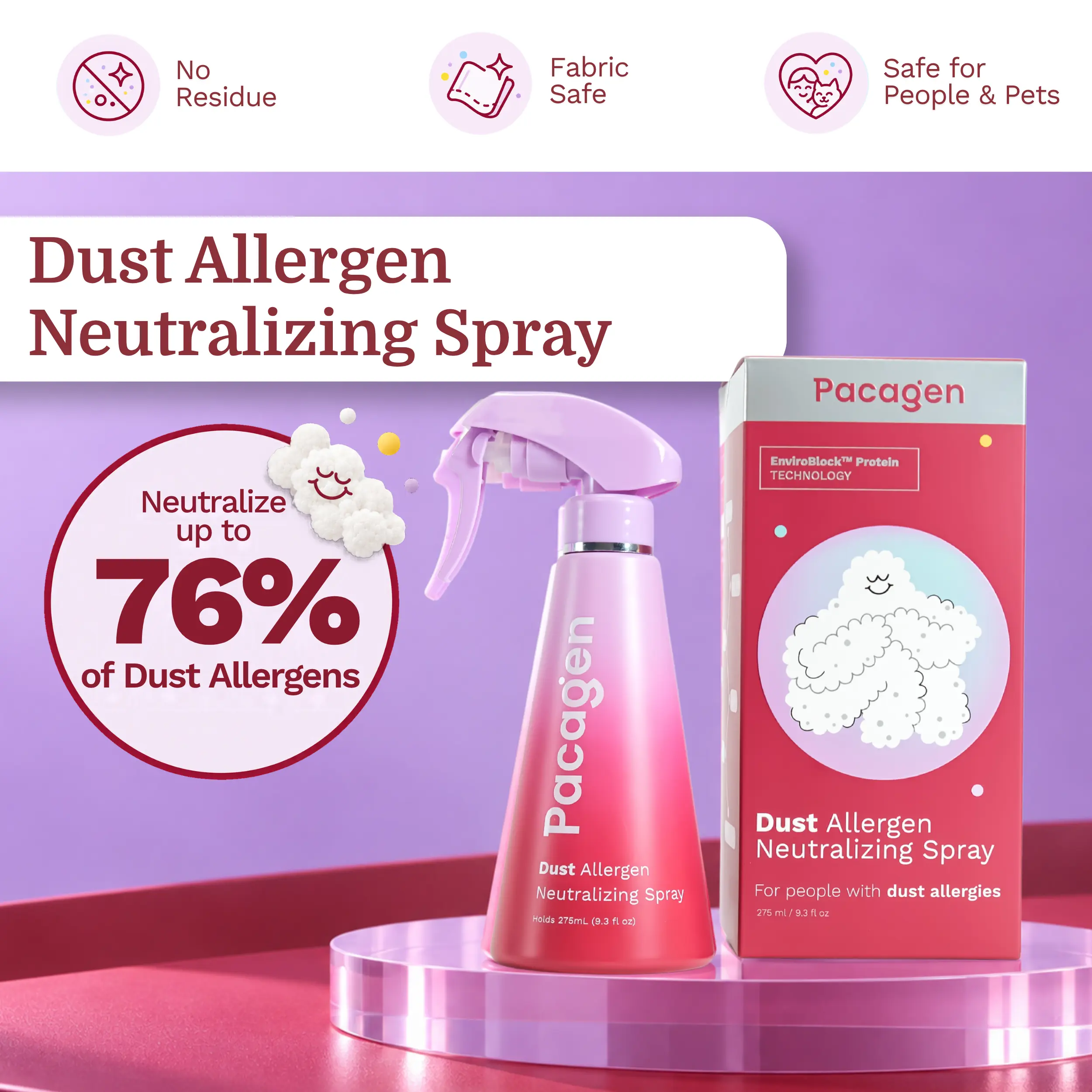 PACAGEN Dust Allergen Neutralizing Home Spray - Allergist-Recommended Household Cleaner for Contact Dust Allergen Neutralization