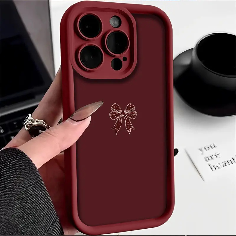 Wine Red Bow Pattern Silicone iPhone Case - Durable, Protective, Shockproof, Dropproof TPU Cover with Lens Protector, 2D Printing, Valentine's Day Gift, Compatible with iPhone 17 Pro Max,16,16e,15,14 Plus,13,12 Mini,11,Air,X,XS, Smartphone Accessories, Ip