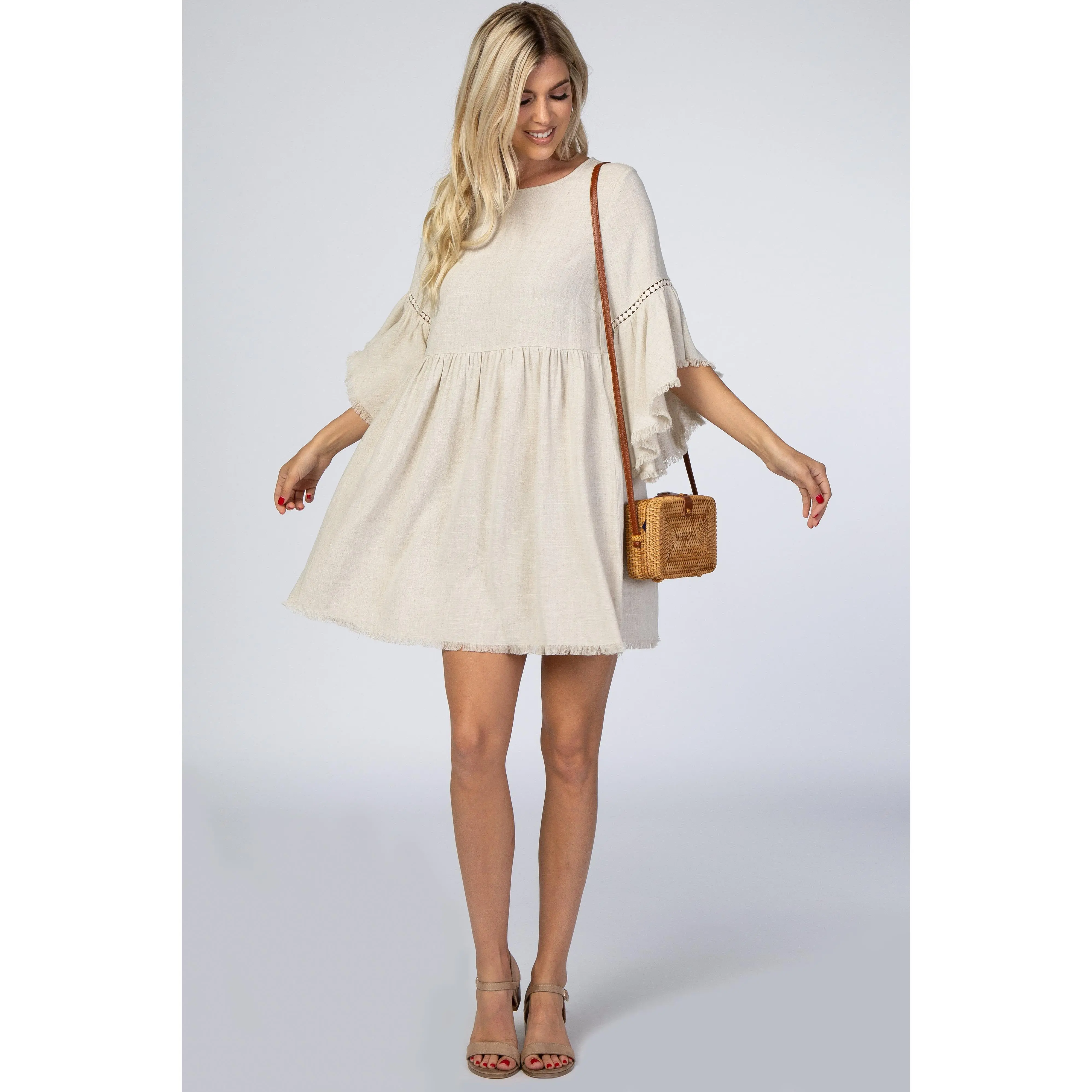 Beige Raw Edge Bell Sleeve Babydoll Dress