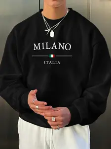 Men's Fleece Lined Crew Neck Pullover Sweatshirt, Comfortable Casual Wear, Fashion Simple Milano Print Design, Easy Layering
