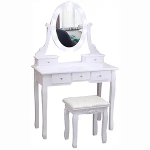 Modern Vanity Desk with Oval LED Mirror – 3 Adjustable Light Modes, 5 Spacious Drawers, Cushioned Stool – Makeup Dressing Table for Bedroom, Women and Girls, Led Lights, Wood, Makeup Vanity Desk