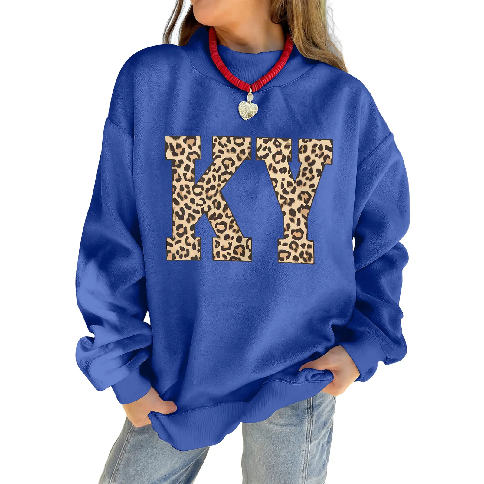 Hotapei Reversible Kentucky Leopard Print Graphic Sweatshirt Women Long Sleeve High Neck Drop Shoulder Casual Pullover Top Daily Wear Street Style Cute Trendy Fashion Fall Winter Outerwear Jumper Y2k Aesthetic Slouchy Relaxed Fit Novelty Clothes For Girl