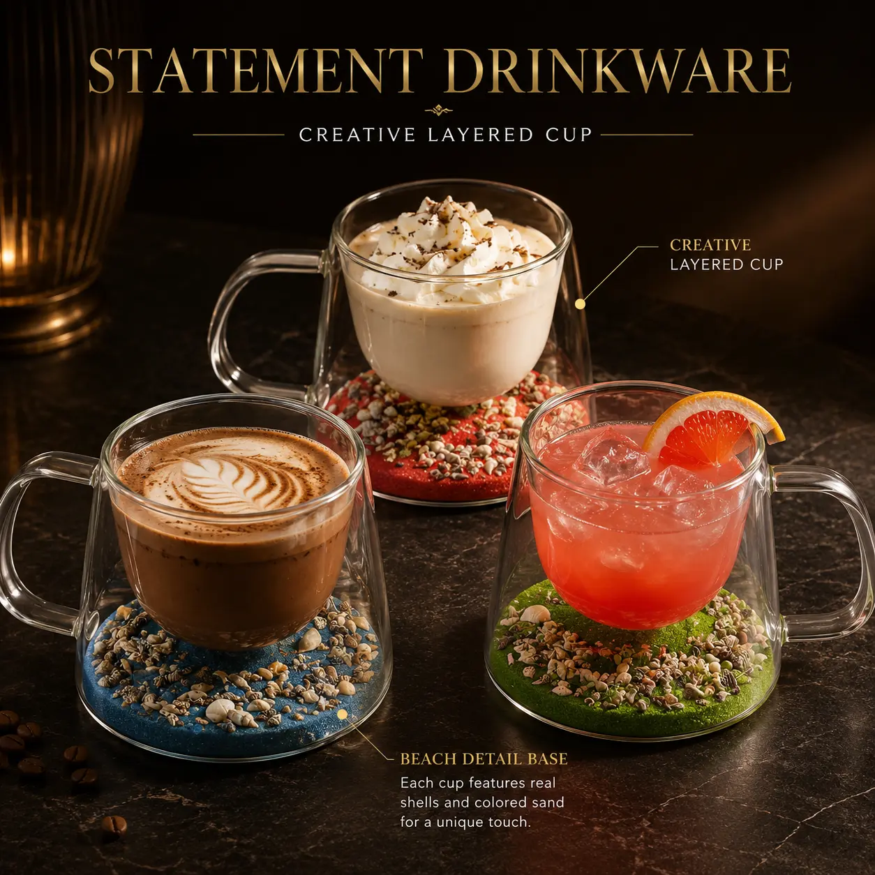 Ocean-Inspired Double Wall Glass Mug, Borosilicate Clear Cup with Beach Sand & Shell Base, Aesthetic Drinkware for Iced Coffee Milk Tea, TikTok Viraltrending,day gift ideas,sunshine Tumblers Bottles