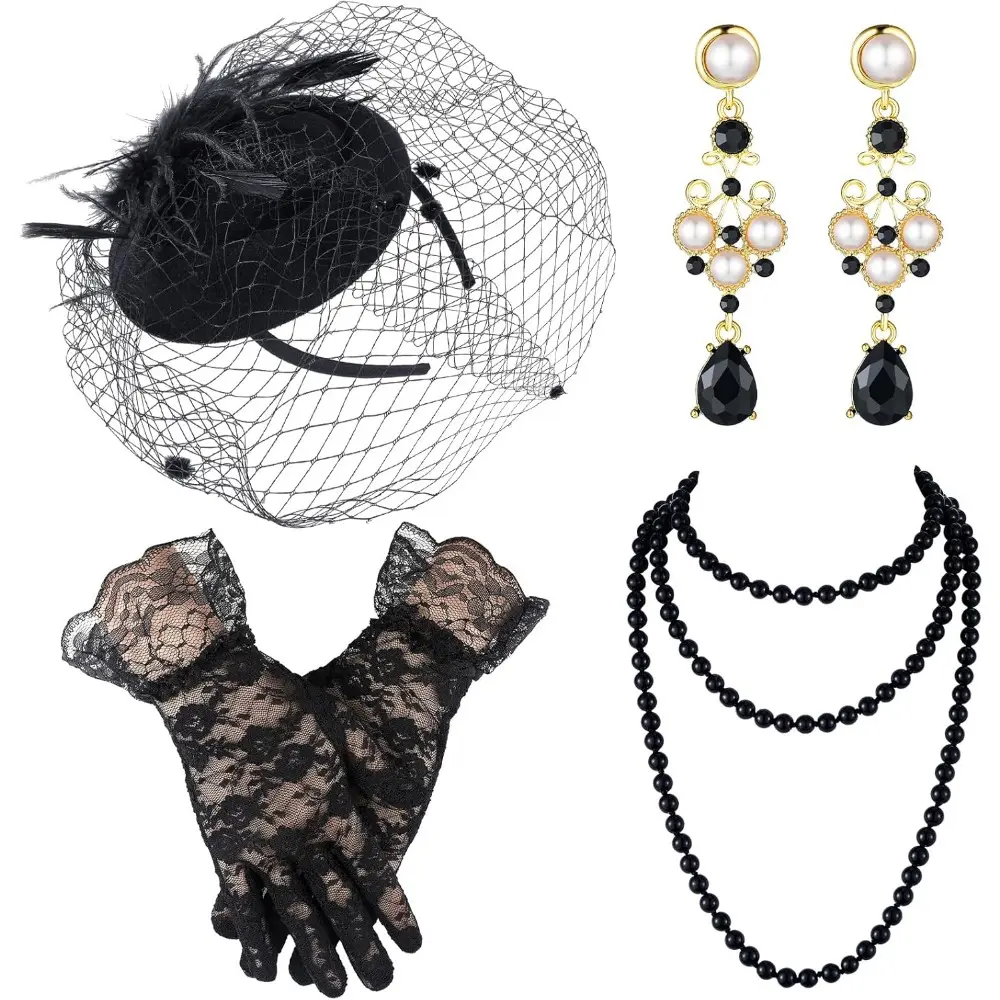 1 SET Fascinator Hat for Women Funeral Veil Hats Set Include Mesh Lace Gloves Necklace Earring for Tea Party