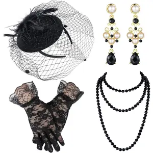1 SET Fascinator Hat for Women Funeral Veil Hats Set Include Mesh Lace Gloves Necklace Earring for Tea Party