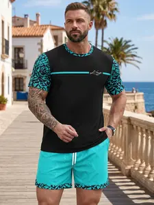 Men's Tropical Vacation 2-Piece Outfit, Black & Teal Geometric Print T-Shirt & Matching Shorts Set