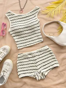 Women's Summer Holiday Set, Casual Wave Striped Knit Asymmetrical Off-Shoulder Top and High Waist Slim Shorts, Outfit, Perfect for Parties, Beach, Cruise, Carnival