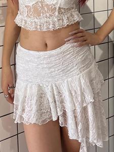 women's plain ruffle hem asymmetrical hem sheer lace skirt with ribbon design, elegant soft high waist tiered layer mini skirt for party, ladies elegance summer bottoms, womenswear, floral lace skirt