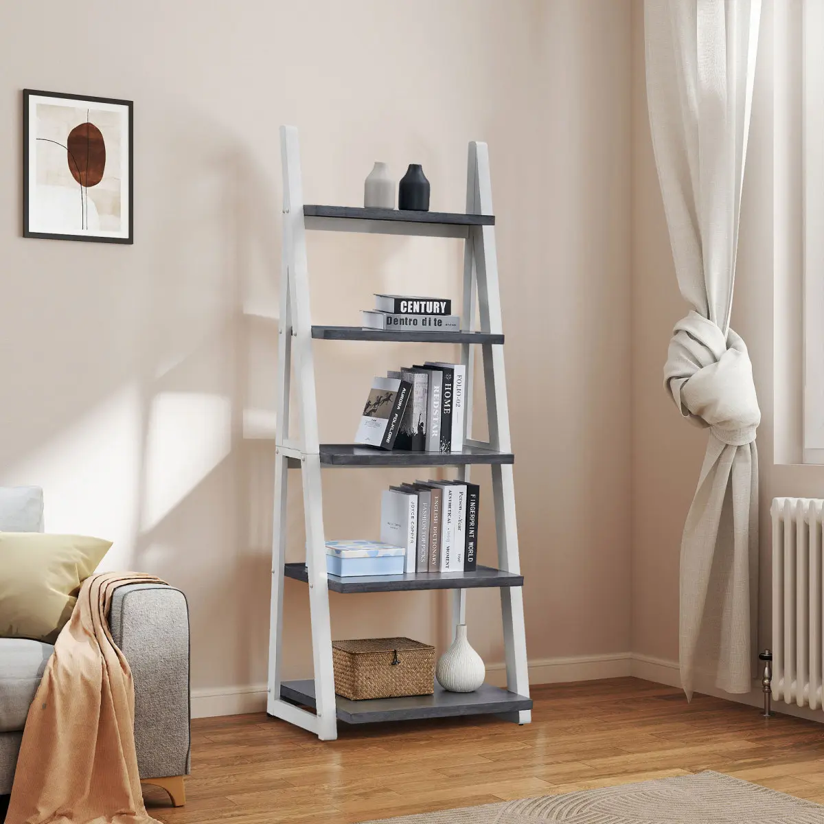 5-Tier Modern Ladder Look Storage Shelf Organizer - Rubber Wood Frame, MDF Board Freestanding Rack, 28.5x19.69x72.01in Stable Anti-Wobble Easy-to-Assemble Multifunctional Bookshelf for Living Room, Bedroom