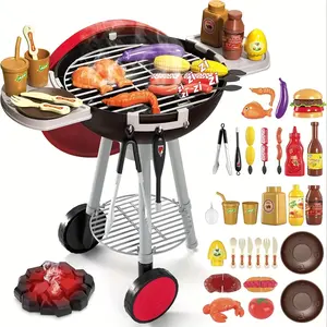 Kids BBQ Game Set, Kitchen toy set with pretend smoke, light, sound toy kit Kids Play House Electric grill toy cart simulation BBQ food realistic sound effect igniter