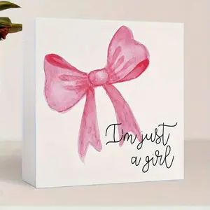 Pink Bow Pattern Block Sign, 1 Count Cute Desk Decor, Creative Desktop Decoration, Home Decor, Gifts for Girls Sister Family Lover